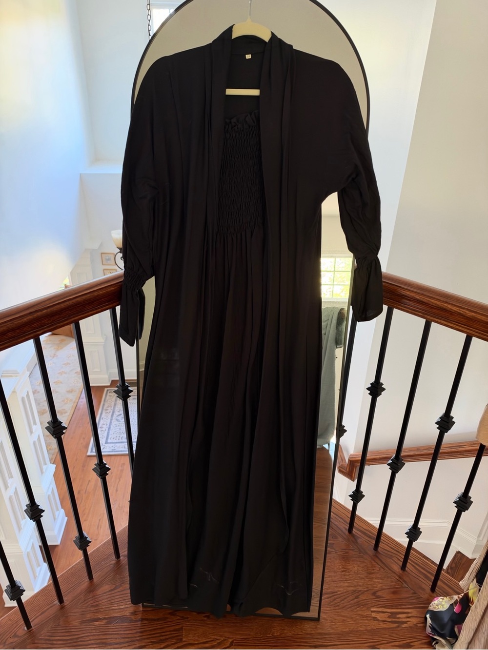Women's Black 2-in-1 Linen Abaya Dress with Smocked Bodice